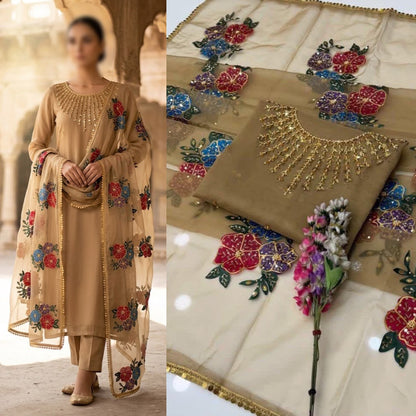 2PC Organza Handwork Suit with Stone, Beads & Oil Paint Dupatta