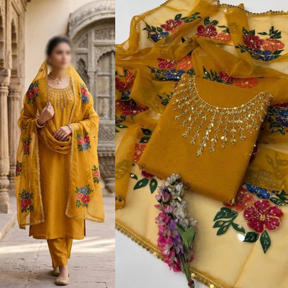 2PC Organza Handwork Suit with Stone, Beads & Oil Paint Dupatta