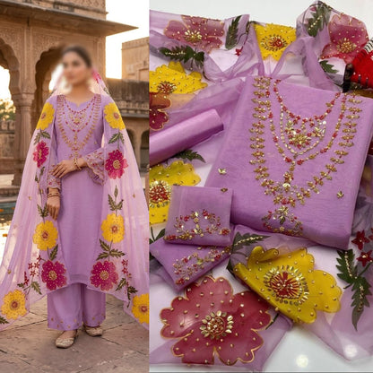 2PC Organza Handwork Suit with Stone, Beads & Oil Paint Dupatta