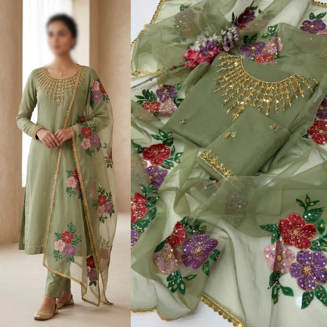 2PC Organza Handwork Suit with Stone, Beads & Oil Paint Dupatta