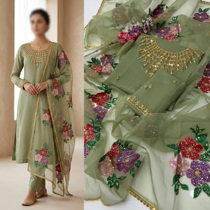 2PC Organza Handwork Suit with Stone, Beads & Oil Paint Dupatta