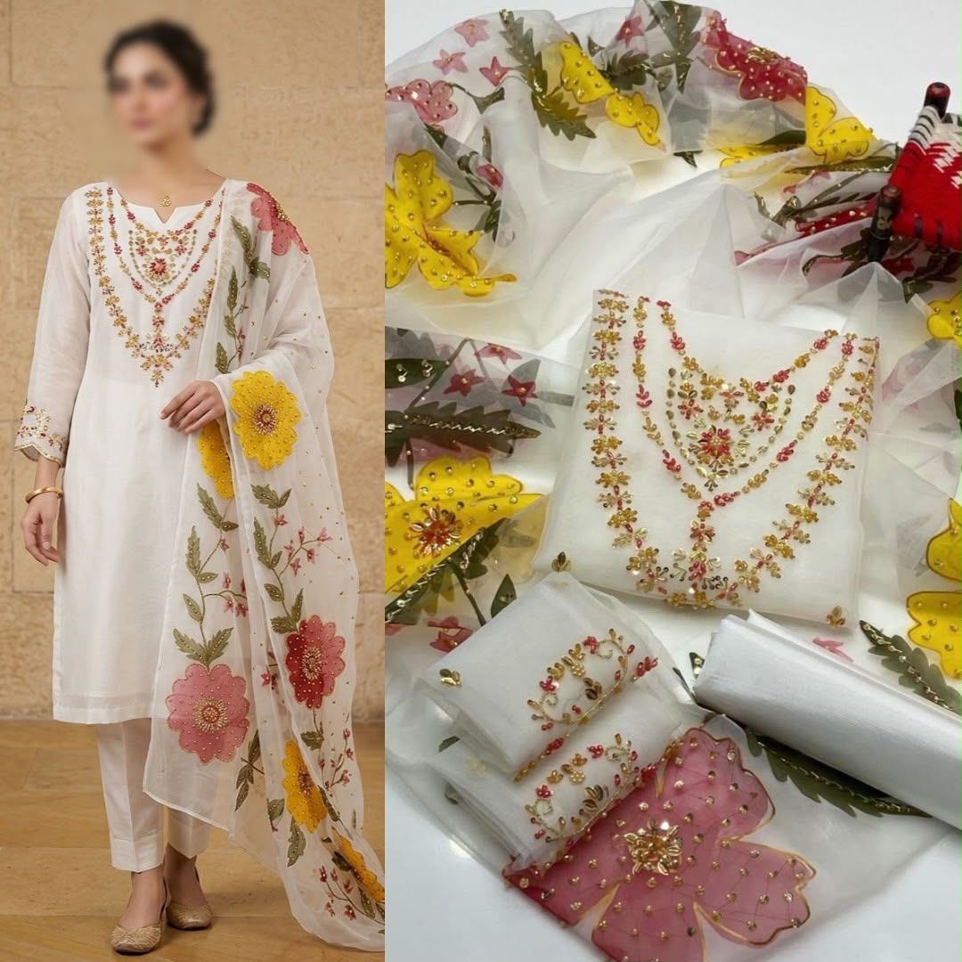 2PC Organza Handwork Suit with Stone, Beads & Oil Paint Dupatta