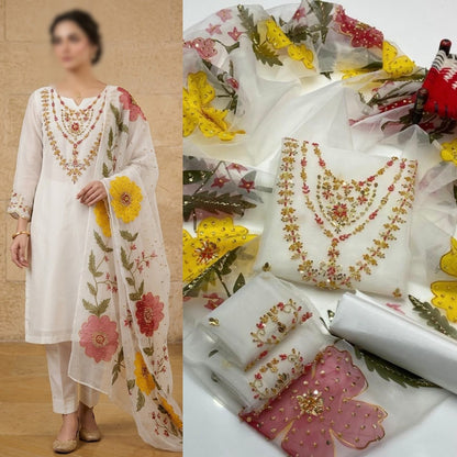 2PC Organza Handwork Suit with Stone, Beads & Oil Paint Dupatta