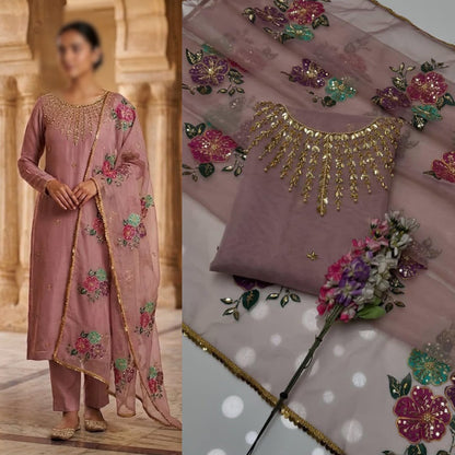 2PC Organza Handwork Suit with Stone, Beads & Oil Paint Dupatta