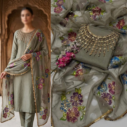 2PC Organza Handwork Suit with Stone, Beads & Oil Paint Dupatta