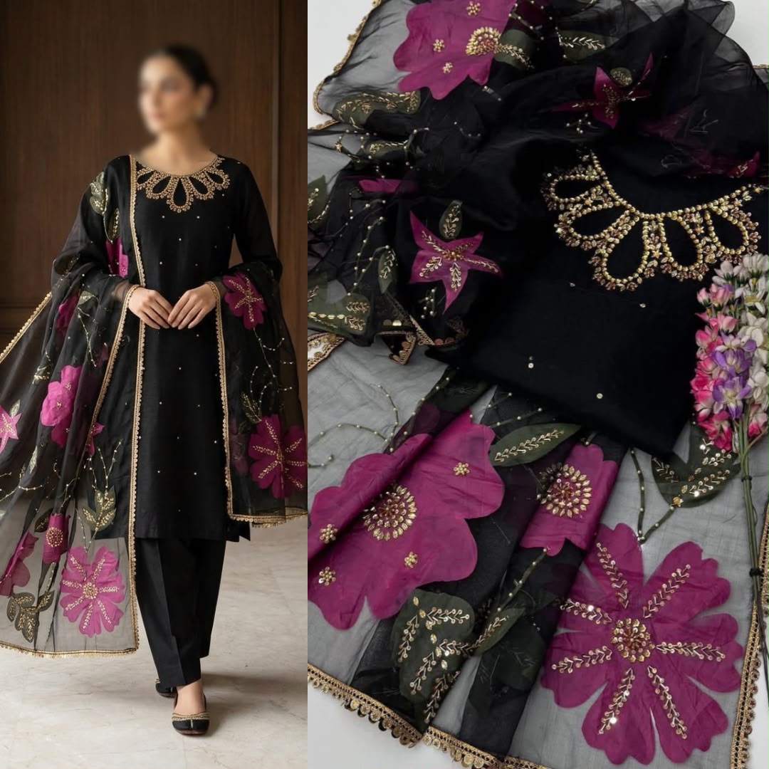 2PC Organza Handwork Suit with Stone & Beads Work