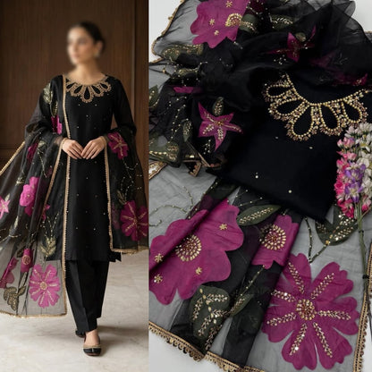 2PC Organza Handwork Suit with Stone & Beads Work