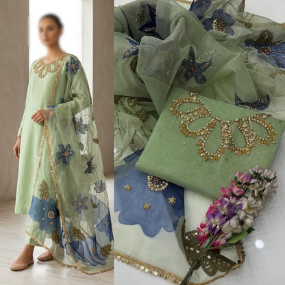 2PC Organza Handwork Suit with Stone & Beads Work