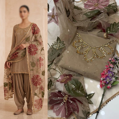 2PC Organza Handwork Suit with Stone & Beads Work