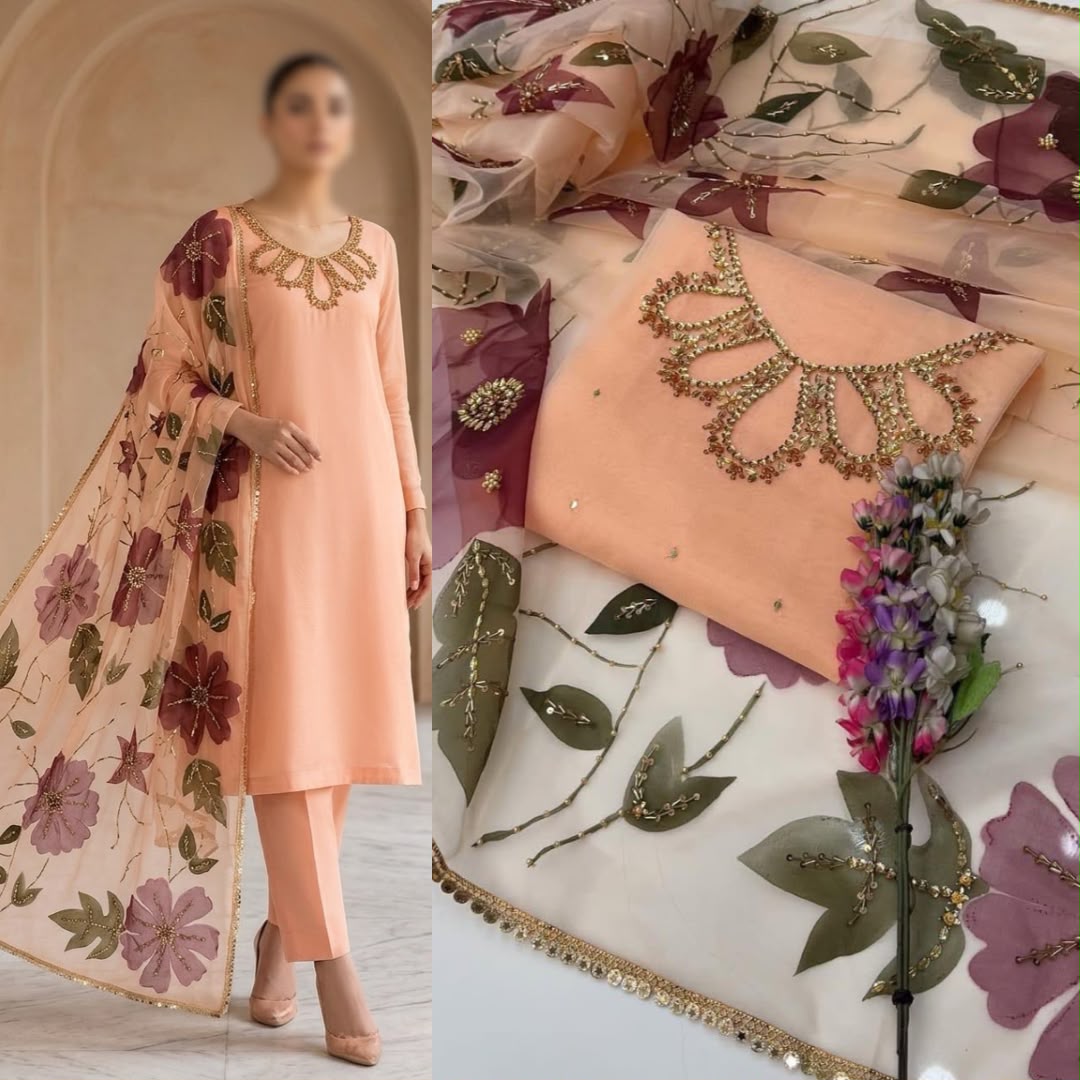 2PC Organza Handwork Suit with Stone & Beads Work