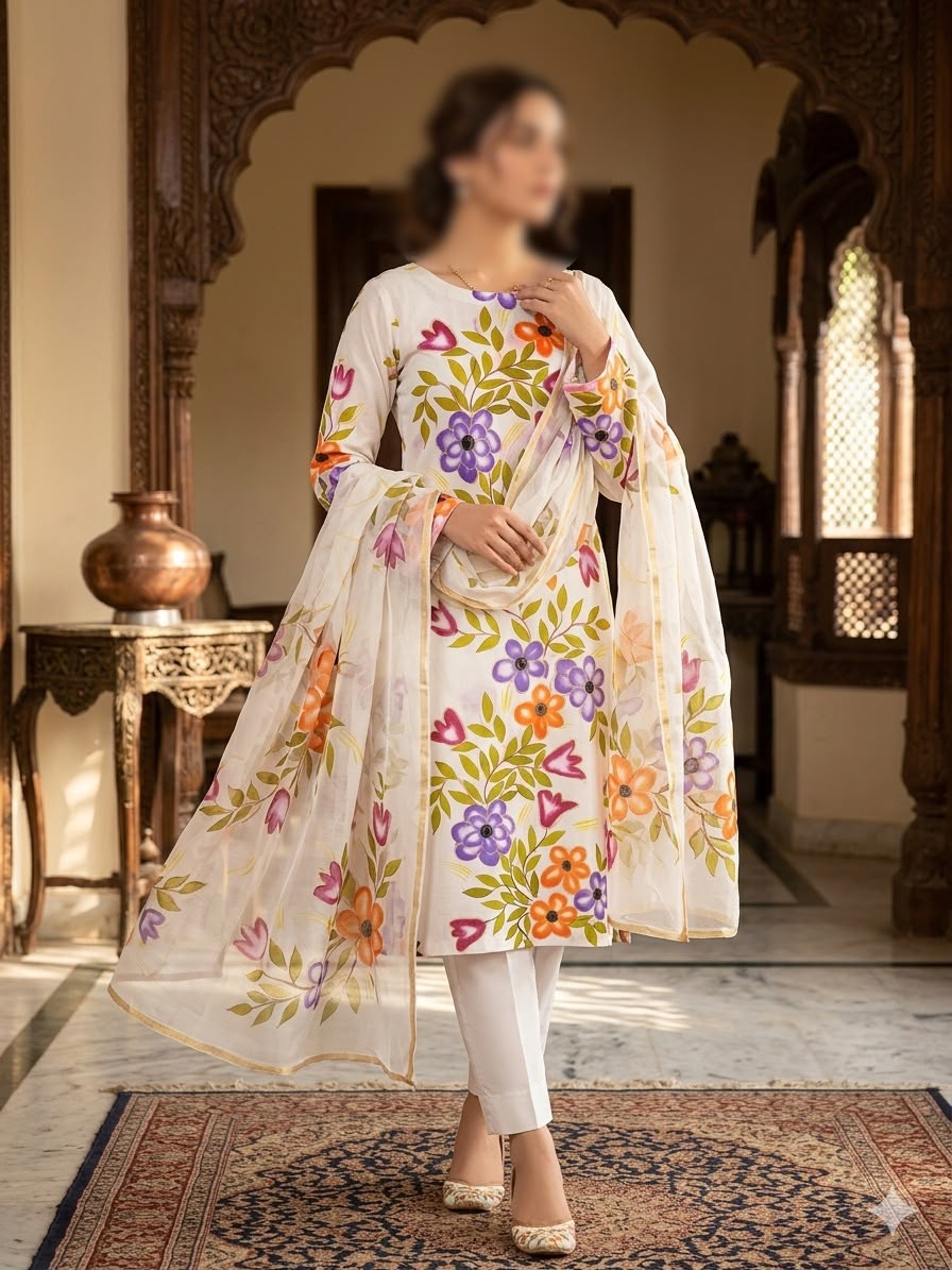 Gul Ahmed Premium Lawn Hand-Painted 3-Piece Unstitched Suit
